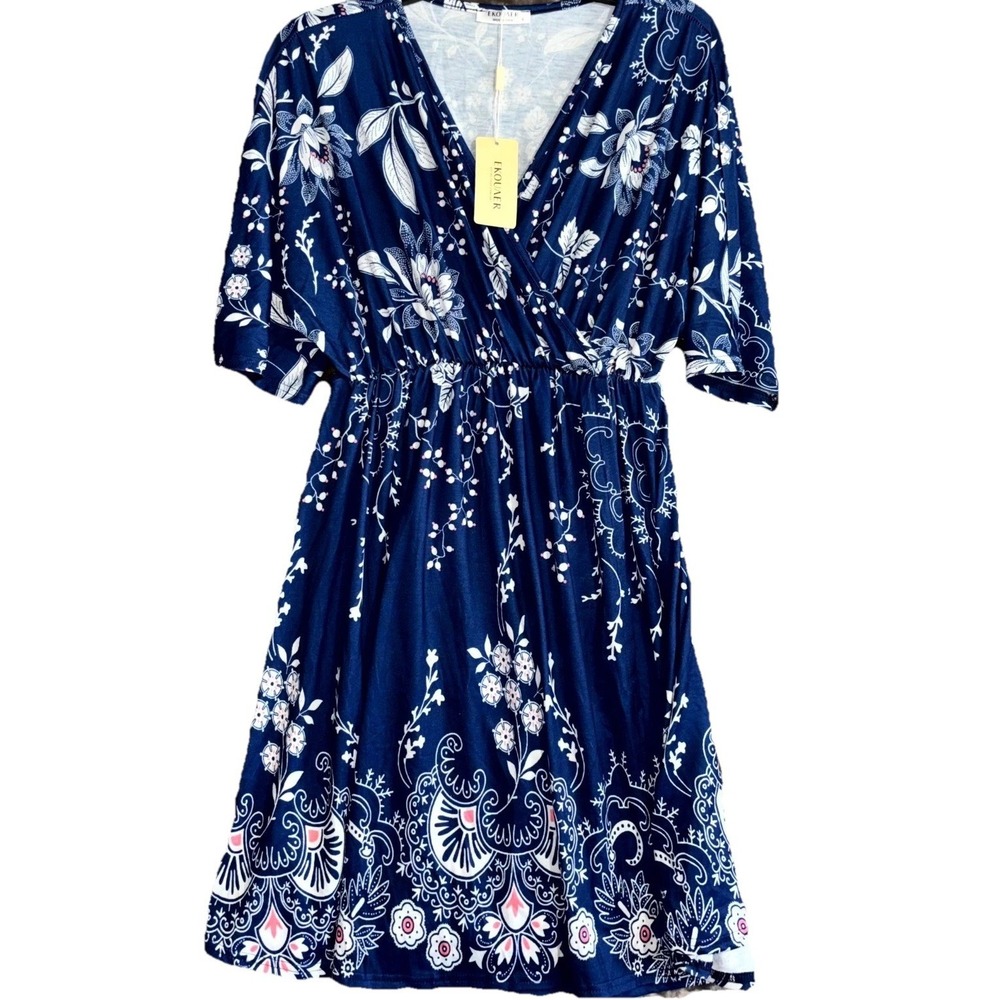 Ekouaer Women's Sm Navy Blue Boho Floral Wrap Dress Short Sleeve Elastic Waist